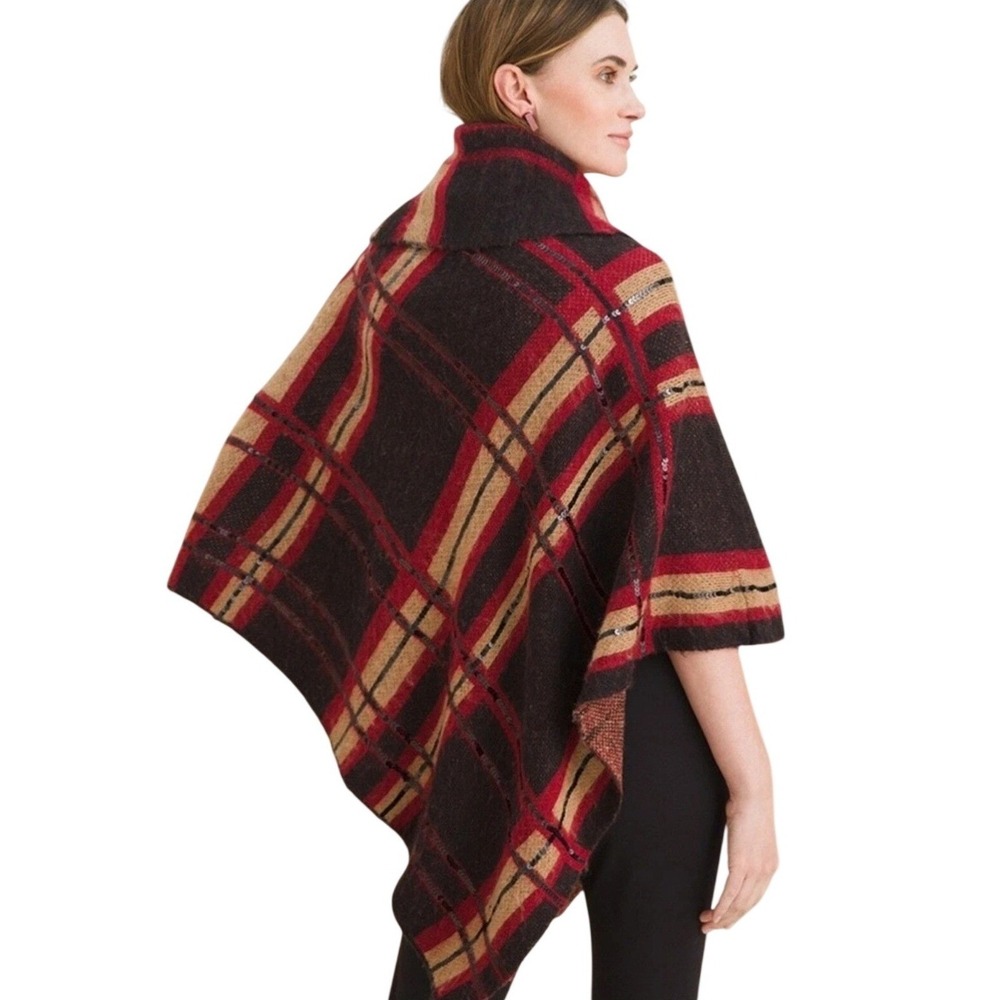 Chicos Womens Plaid Sequin Cowl Neck Poncho Sweater Red Brown M Wrap Cape - Picture 2 of 5